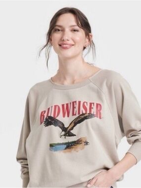 Budweiser Beige Crewneck Sweatshirt with Red Logo